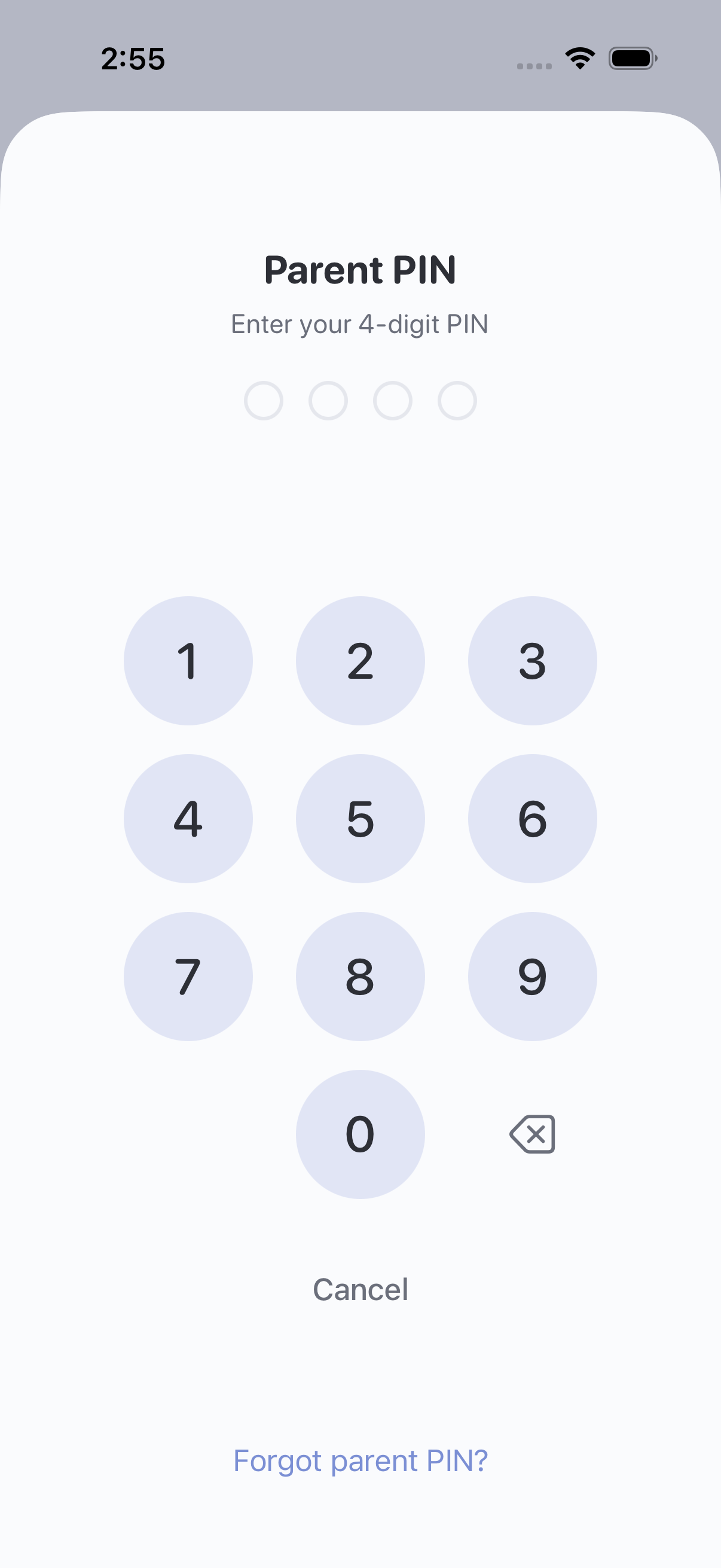 Parent PIN screen with an empty four-digit keypad and Forgot parent PIN? at the bottom.