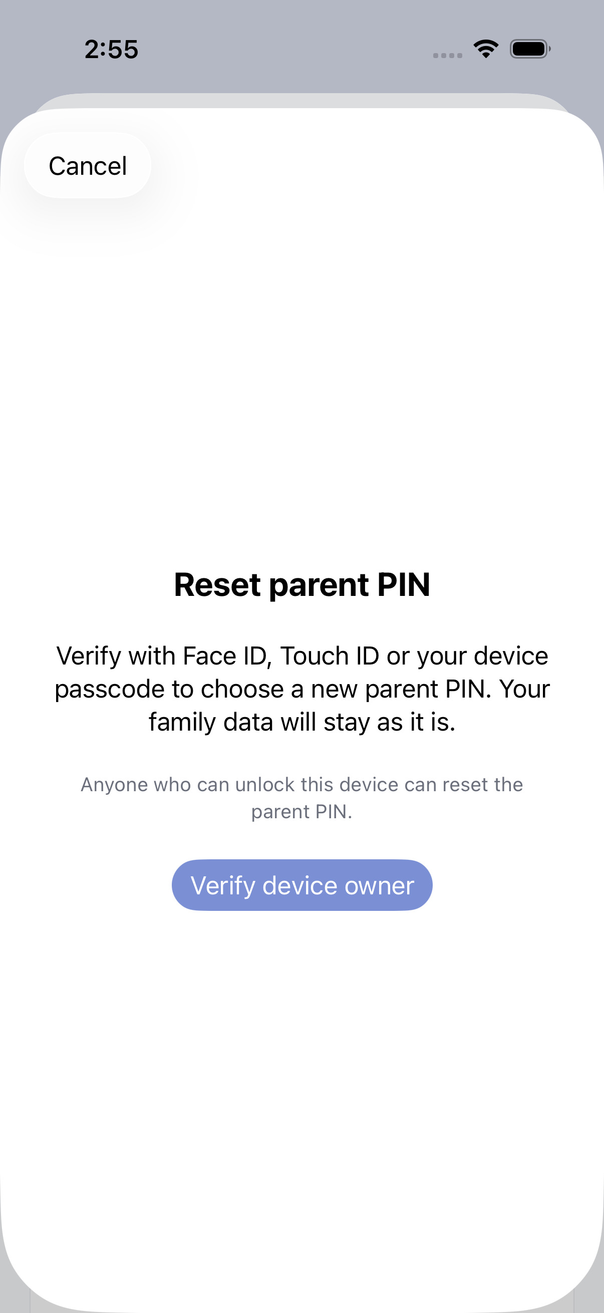 Reset parent PIN screen explaining device authentication, with the Verify device owner button.